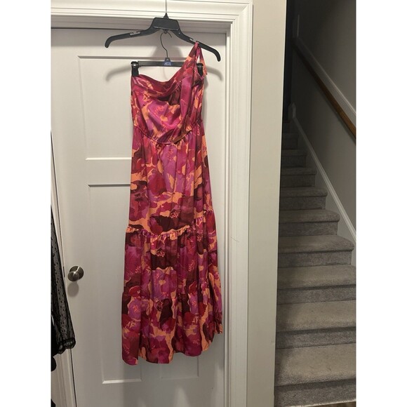 Pink Floral One Shoulder Maxi Dress Size 8 Tiered Ruffle Resort Vacation Cruise - Picture 1 of 8